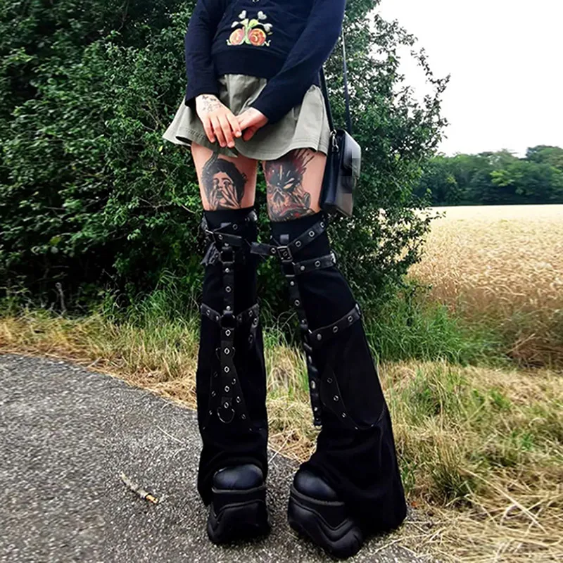 Calentador de piernas estilo Punk, calentadores de piernas con hebilla de Metal negro, mallas hasta la rodilla tejidas, calcetines para botas para mujer