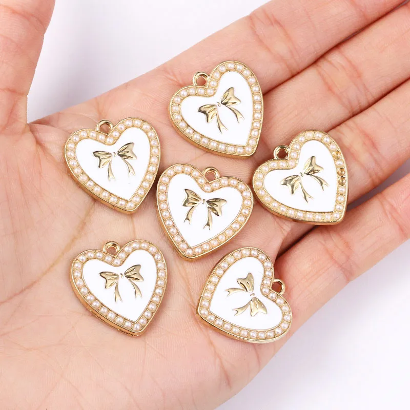 10Pcs Colourful Enamel Drip Oil Heart Pendant Elegant Pearl Bow Earrings Necklace Bracelet Accessories DIY Charm Pandora Jewelry