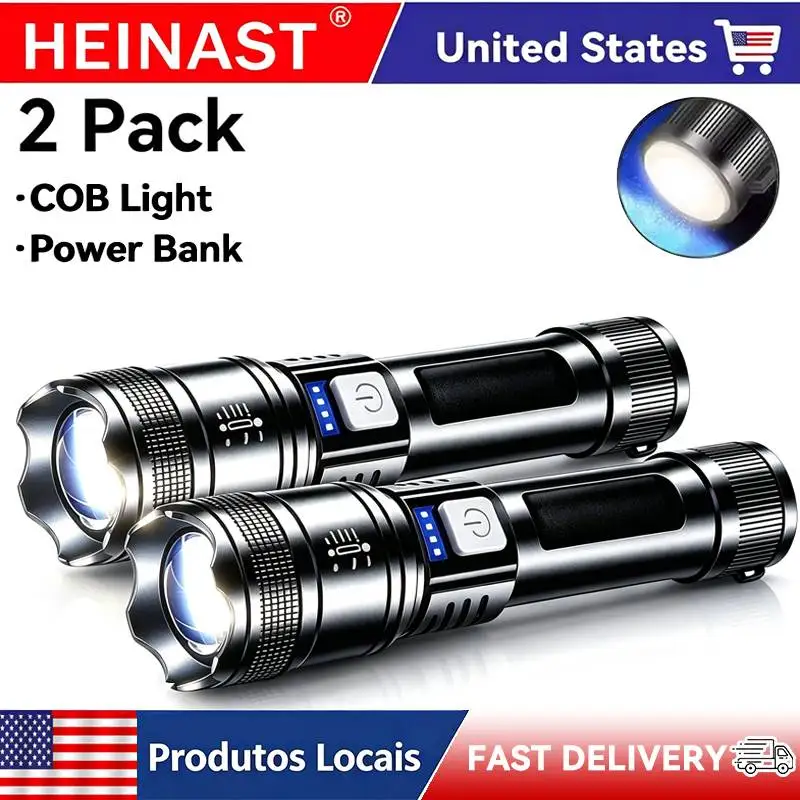 Rechargeable COB Flashlight, 2 Pack USB Rechargeable Tactical Torch with Power Bank Function, 300 Lumens Bright Handheld Flashlight for Camping Hiking Emergency Outdoor