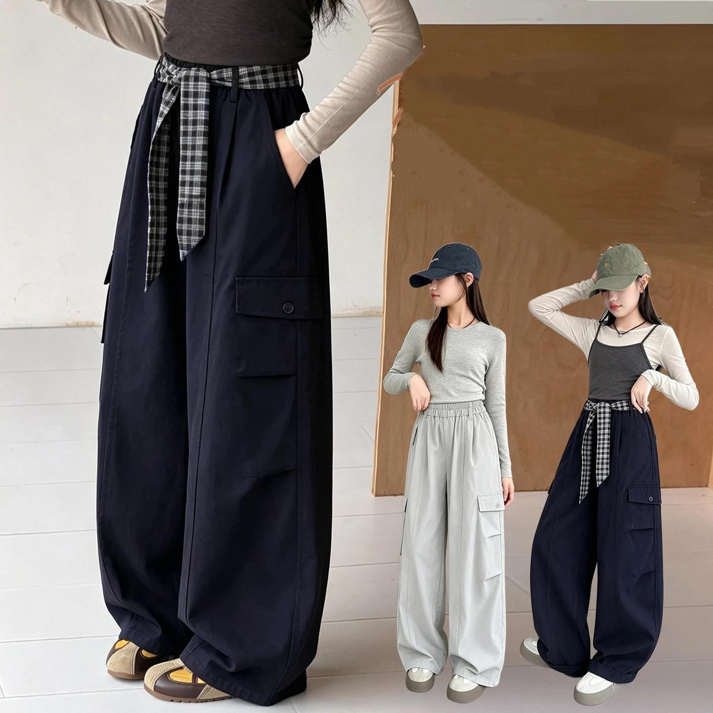 Fashionable work pants for boys and girls, loose and multi-pocket straight pants, suitable for daily wear in spring and autumn.