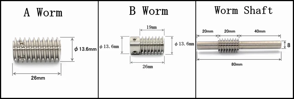 0.8M Stainless Steel Worm Shaft Copper Turbine Gear 20/25/30/35/40/50/60 Teeth