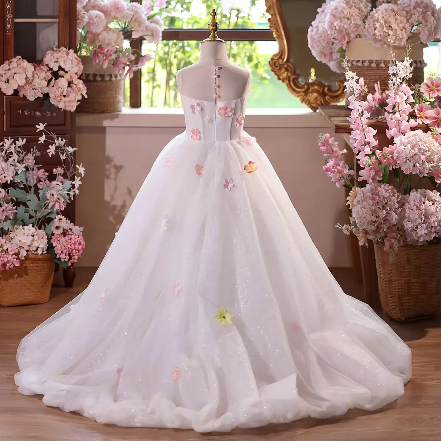 Custom JDY High Strapless 3D Flower Trailing Tulle Flower Girl Dress Wedding Party Gown Birthday Party Dress Kids Pageant Dress