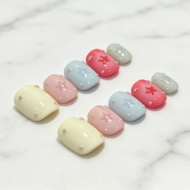 

10Pcs Handmade Nails Summer-themed Colorful Dopamine Star Short Nails These Press-on Nails Make A Great Gift for Girl and Friend