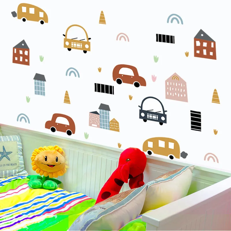 `Cartoon Car House Rainbow Wall Stickers Boho Kids Room Vinyl Decal Cute Automobile Building Mural For Baby Boys Bedroom Home De
