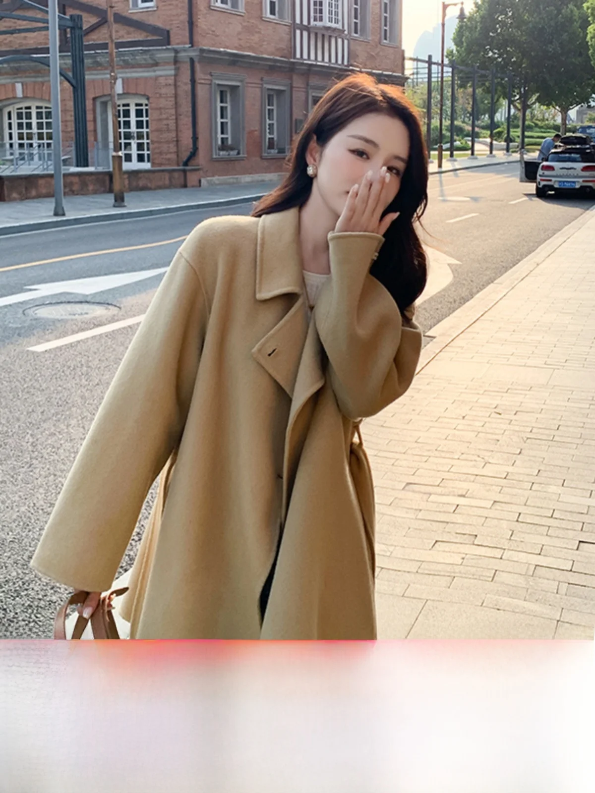 카키색 양면 카메레 티엔드 울 코트 여성용 스몰 사이즈 고급 한국 스타일 출퇴근용 단색 코트