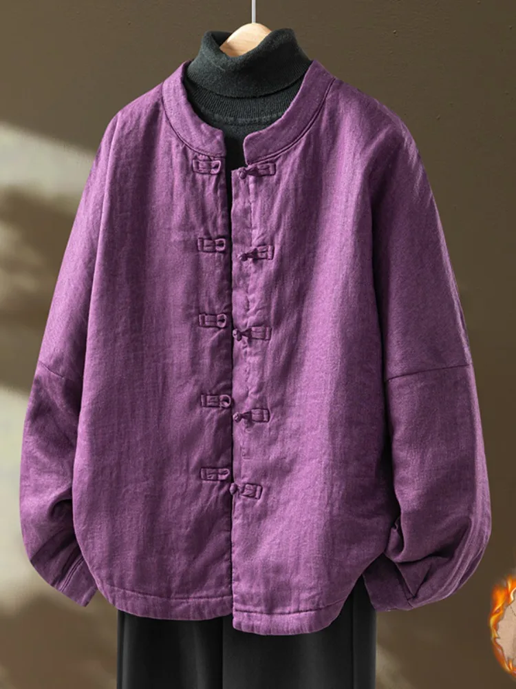 

New Cotton Linen Women's Purple Eastward Coming Zen Clothes Winter Thin Cotton Warm Home Clothes New Chinese Sle Button Cot...