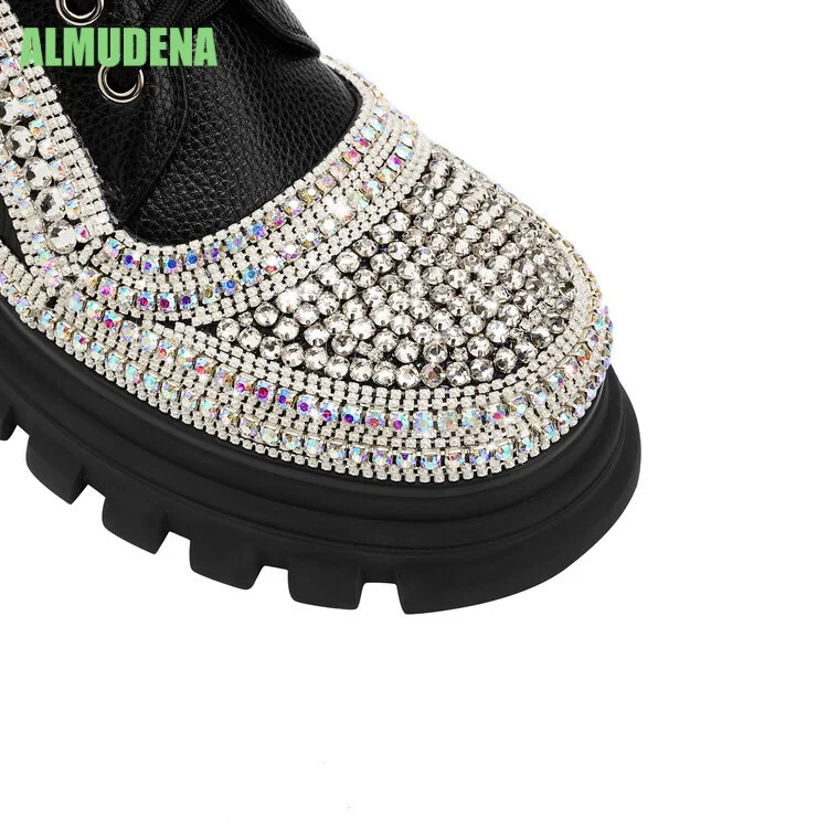 Women Rhinestone Ankle Boots Chunky Thick Sole Leather  Lace Up Side Zipper Sparkling Crystal  Solid Black Streetwear Footwear