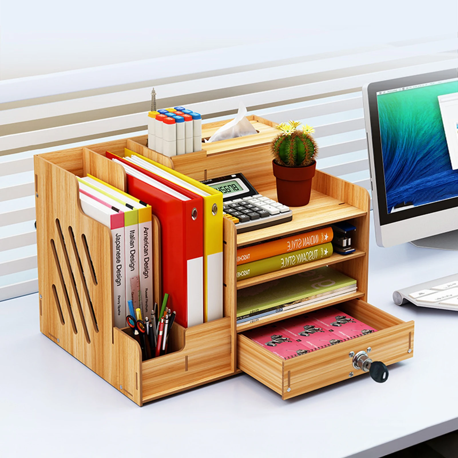 

Wooden Multilayer Desktop Storage Box Easy to Assemble and Clean DIY Office Supplies Suitable for Magazines Letters