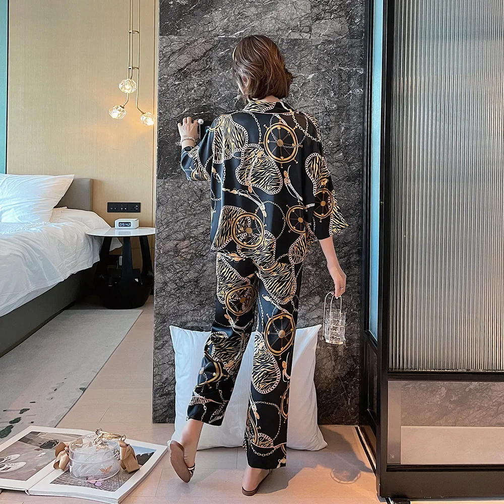 2021 Luxury Printing Pajamas Set for Women Printed Loose Large Size Ice Silk Set Fashion Home Service Sleepwear Homewear Clothes