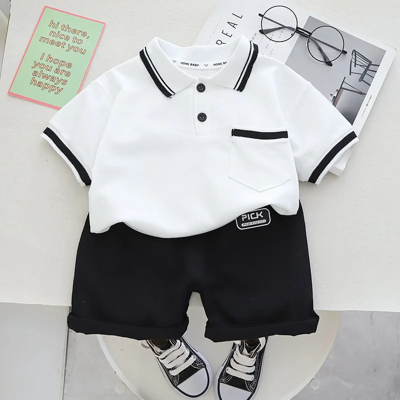 Summer new children\'s clothing boys simple lapel POLO short-sleeved set boys baby shorts casual two-piece set