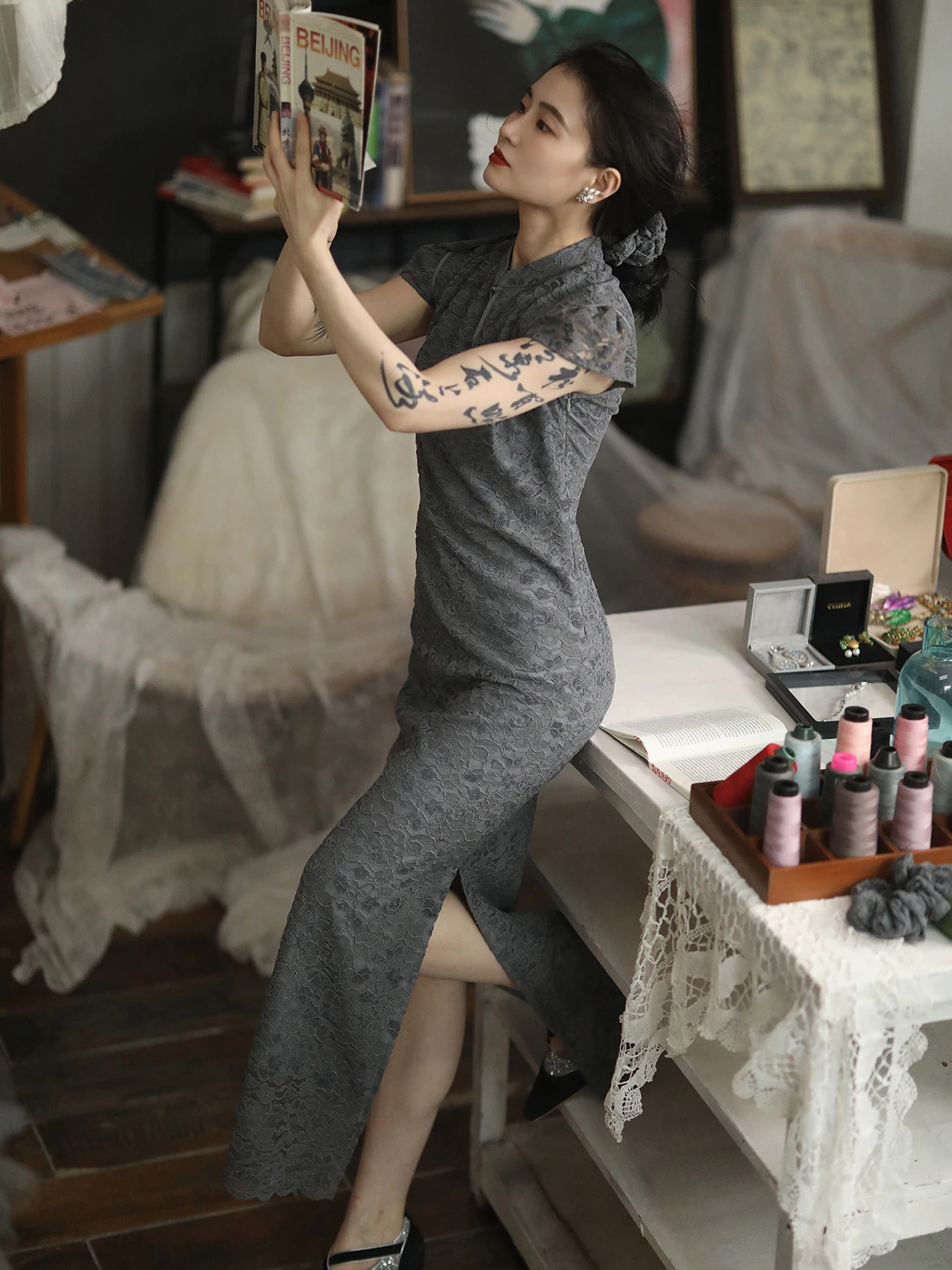 

Ninth Cloud ey Lace ort Sve Women's Dr Artistic Sle Cotton Blend Traditional Chinese Costume