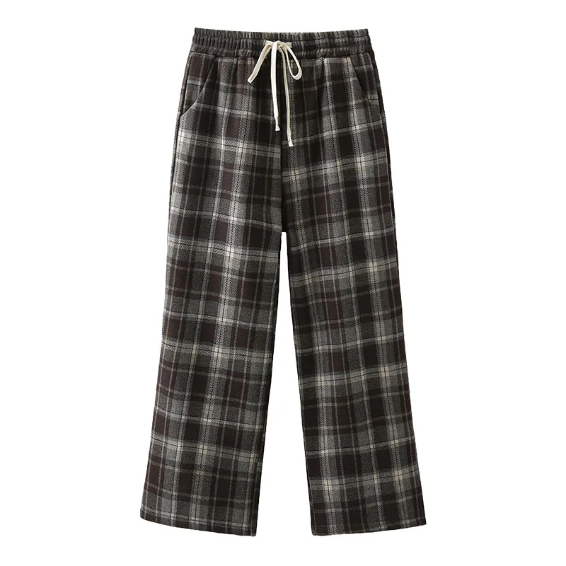 

XXXXL Fashion Plus Size Women's Straight Leg Pants 2025 Winter New Classic Tweed Plaid Casual Fleece Woolen Trousers 8599