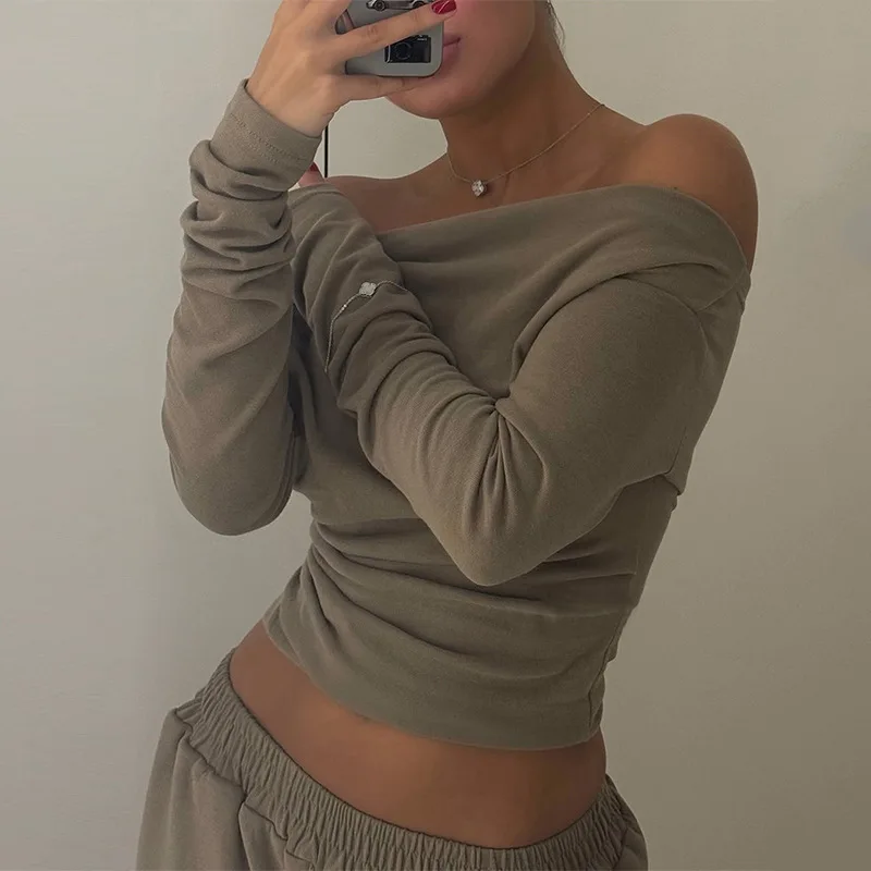 المرأة مزاجه طوق واحد بأكمام طويلة سليم صالح الأعلى بنطال ذو قصة أرجل واسعة مجموعة الصيف الخريف بلون قبالة الكتف أعلى فستان أطفال مع سروال داخلي