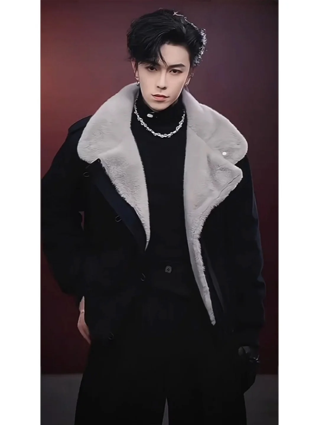 

Men's ort Cotton Jaet Thiened Fake Fur Collar Winter Coat Warm Casual Sle Pure Color Loose Fit Long Sve Coat