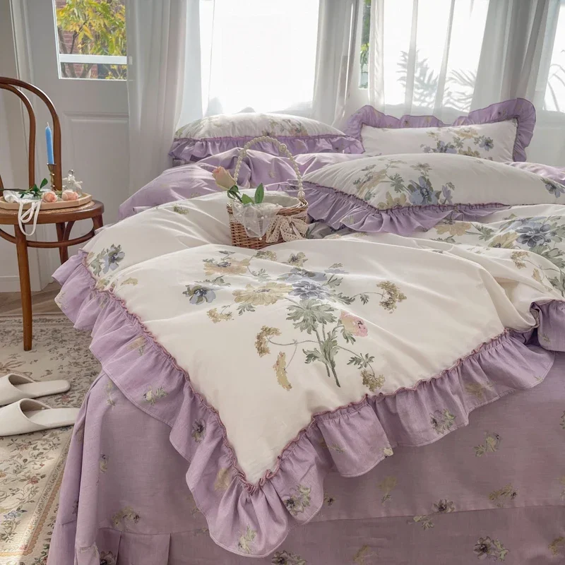 

100% Cotton French Vintage Gardenia Printing Princess Bedding Set Rural Flowers Ruffles Quilt/Duvet Cover Bed Linen Pillowcases