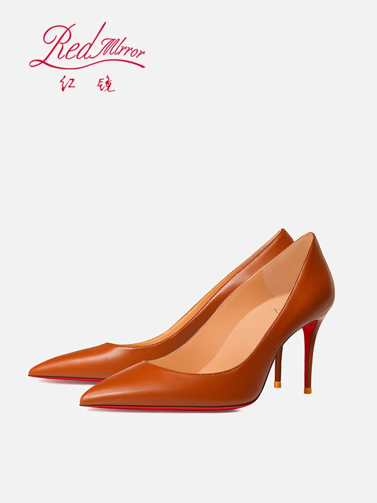 2025 New Red soled High Heels Handmade Women's Shoes Brown Soft Genuine Leather Shallow Mouth Pointed Fine Custom Shoes