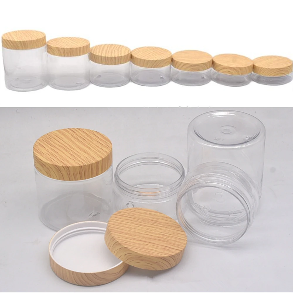 1pcs Clear Plastic Jar Lids Empty Wood grain Cover Cosmetic Containers Makeup Box Travel Bottle 100ml 150ml  200ml 250ml