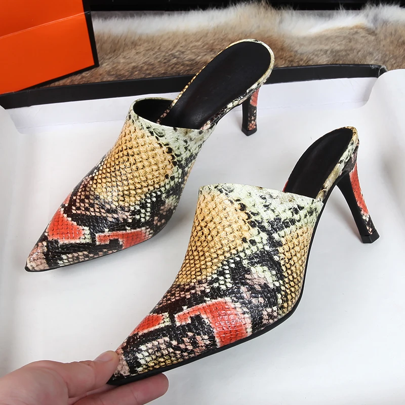 

Black Yellow Snakeskin Pattern Lady Summer Shoes Thin Sexy Heel Cup Heel Ladies Slides Fashion Sexy Slippers Female Shoes Casual