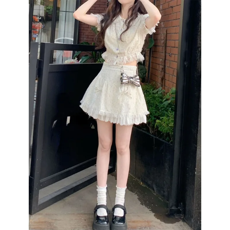 Japanese Kawaii 2 Piece Skirt Sets Women Embroidery Floral Slim Blouse + Bow Lace Skirt Sweet Y2k Suits Female Elegant Clothes