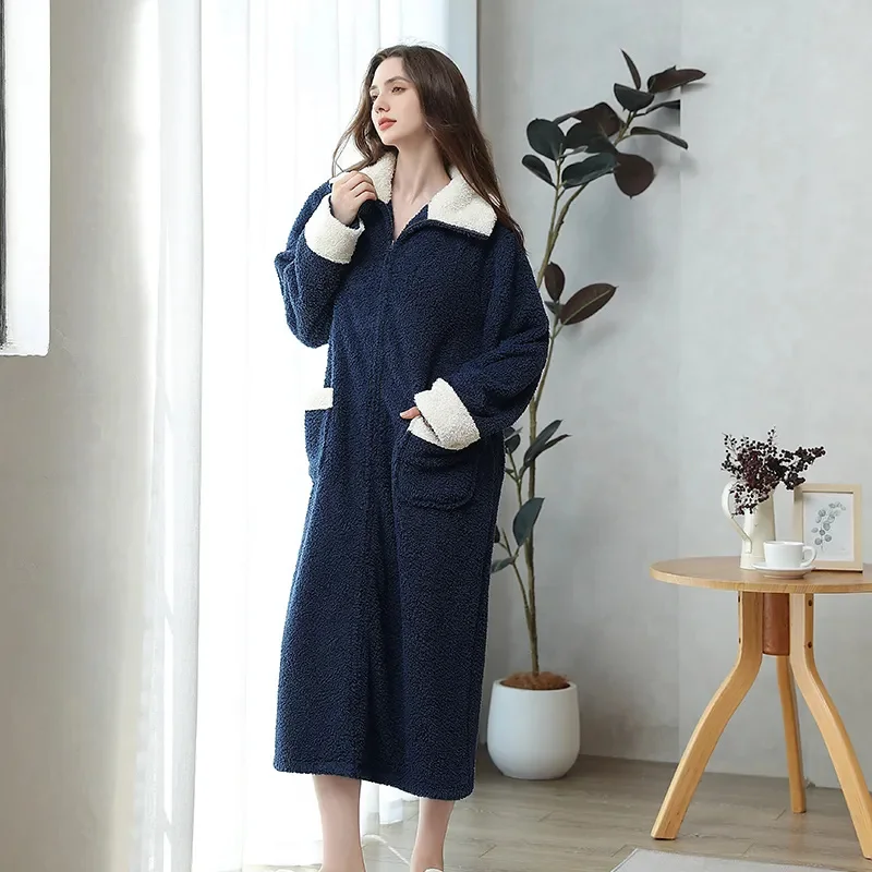 2024 New Women's Zipper Nightgown for Autumn and Winter Lengthened Thickened Simple Bathrobe Warm and Wearable One-Piece Pajamas