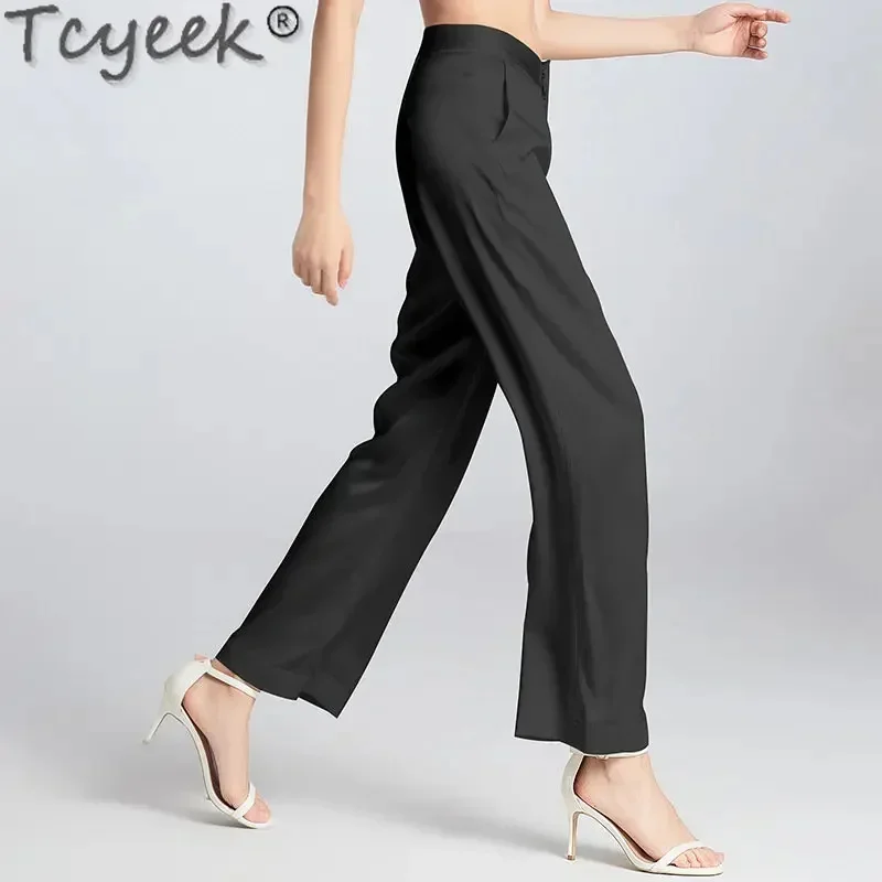 100% Tcyeek Mulberry Silk Thin Casual Straight Women Pants High Waist Streetwear Elegant Loose Trousers 23 Pantalon Femme