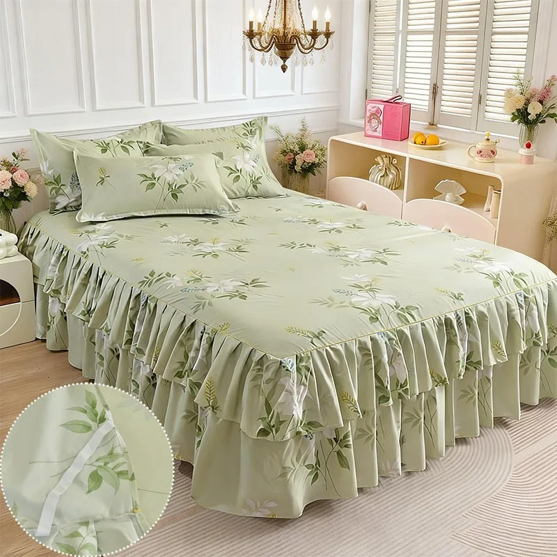 

Butterfly Print Skin Friendly Bed Skirt Aloe Vera Cotton Ruffle Edge Bed Cover Household Bedding Double-layer Skirt Dust-proof