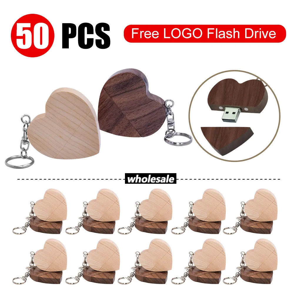 50pcs/lot Custom LOGO Free Walnut Wooden Heart USB2.0 High-speed 16GB 32GB 64GB Flash Drive Creative Pendrive Memory stick