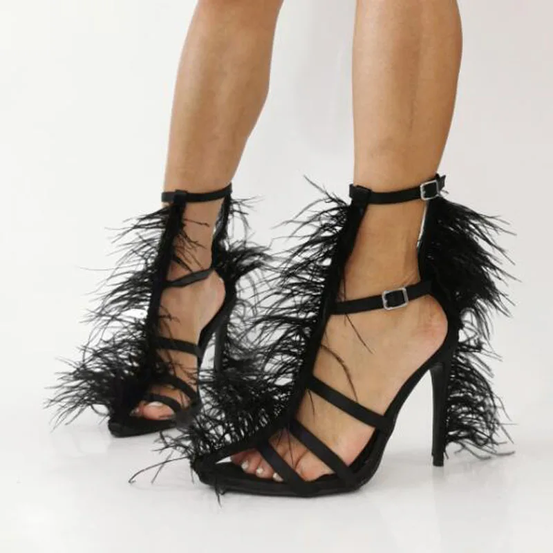 

Women Black Silk Front Back Feather Fur Pointed Toe T Strap Double Buckles Roman Stiletto Heel Summer Sandals Evening Pumps