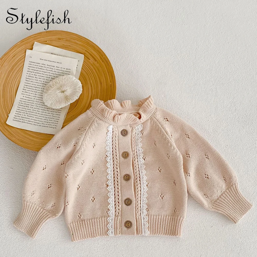 Autumn New 0-2 Year Old Baby Coat for Girls Sweet and Versatile Lace Cardigan with Hollow Wooden Ear Collar and Lace Knitted Coa