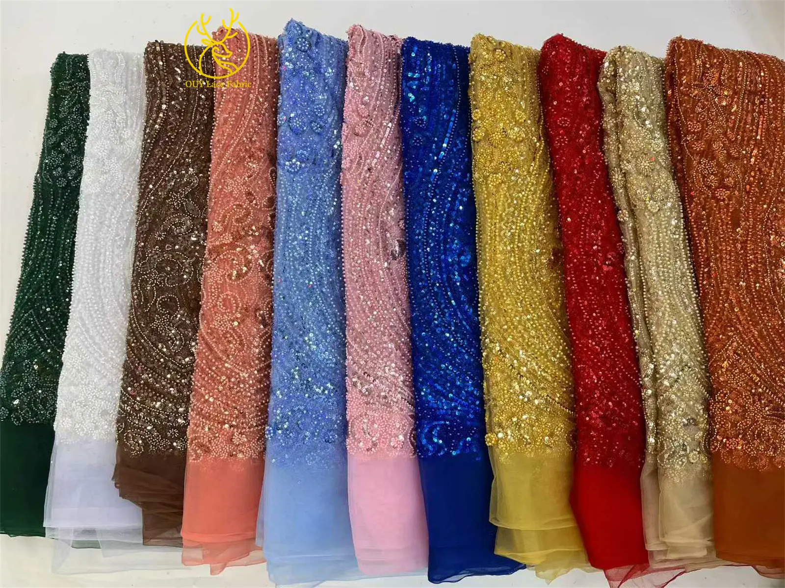 ゴールデンデラックスアフリカ手作りビーズレース生地5ヤード繊細なフランス製スパンコールレース生地ウェディングドレス結婚式パーティー縫製用