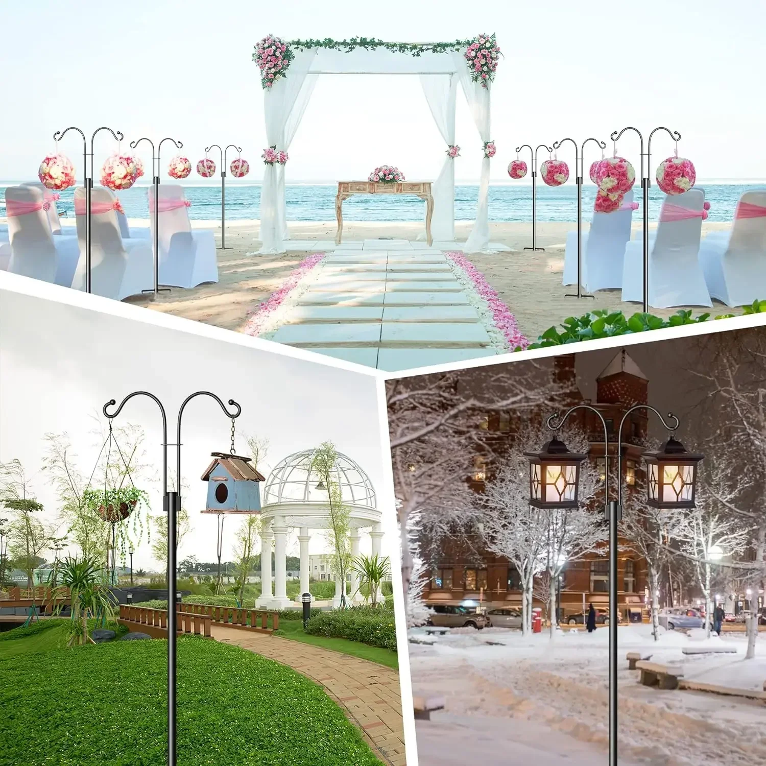 

A 76 inch Double Shepherds Hook, Adjustable Bird Feeder Pole with 5 Prong Base (2-Pack), Heavy Duty Garden Hooks, Matte Black