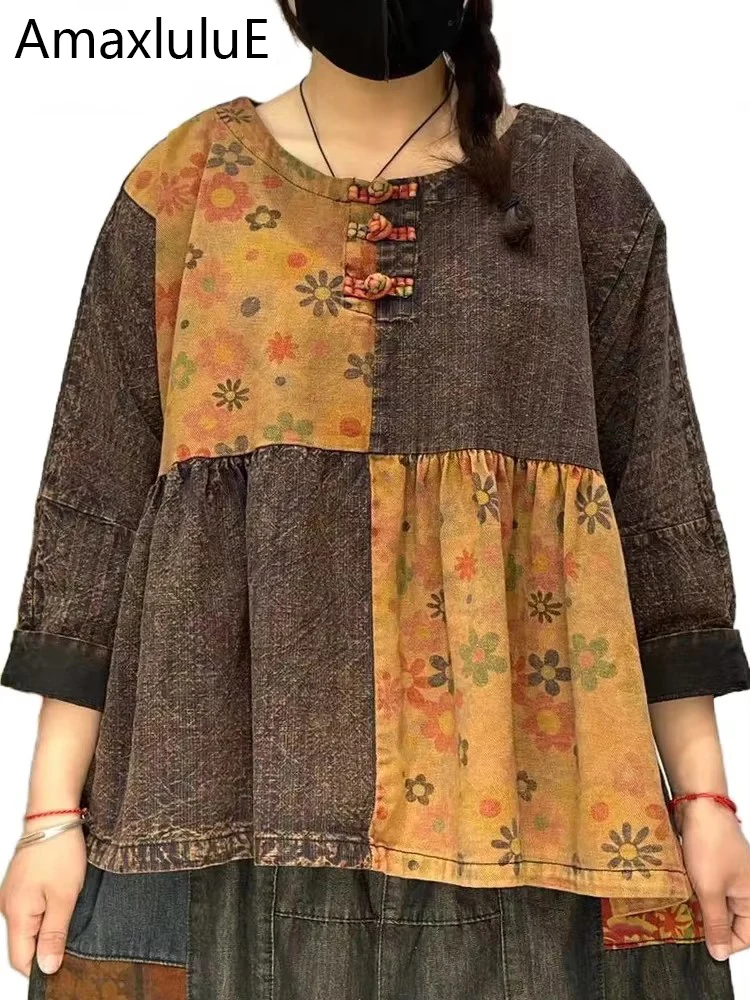 

Amax luluE 2024 Summer Chinese Clothing Women Fashion Loose Vintage Cotton T-shirts Ladies Classic Leisure O Neck Patchwork Tops