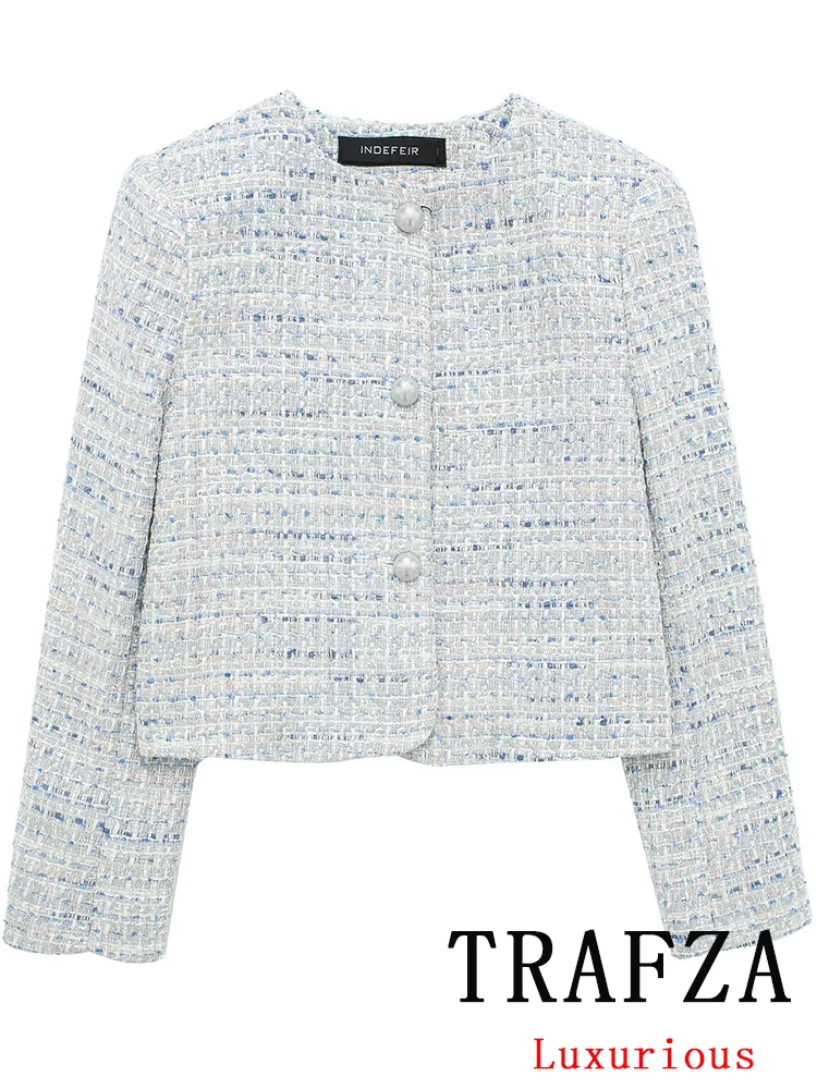 TRAFZA-Veste Vintage Décontractée et Chic pour Femme, Col Rond, Simple Boutonnage, Poches, Combinaison Courte, Mode Bureau, 2024