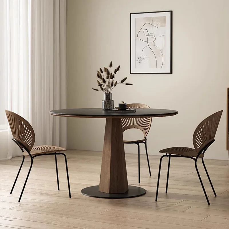 Solid Wood Round Rock Plate Dining Table Simple Pure Black Round Table Retro Black Walnut Meubles De Cusine Home Dining Table