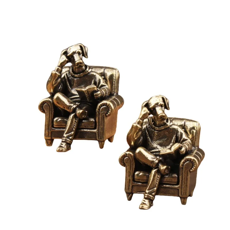 Dog Figurines Reading Book Sitting on Chair Brass Ornament Tea Pet Collect Desk Office Home Decor Vintage Decoration