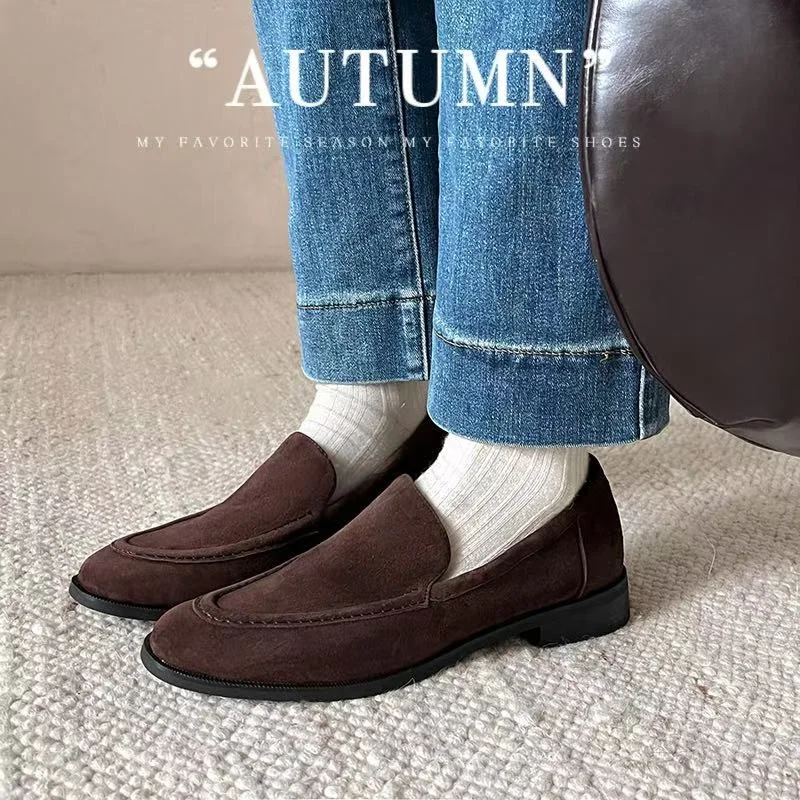 

Женские модные туфли-мюли на весну-осень, классический стиль, простые туфли из натуральной замши с круглым носком, слипоны, классические коричневые туфли