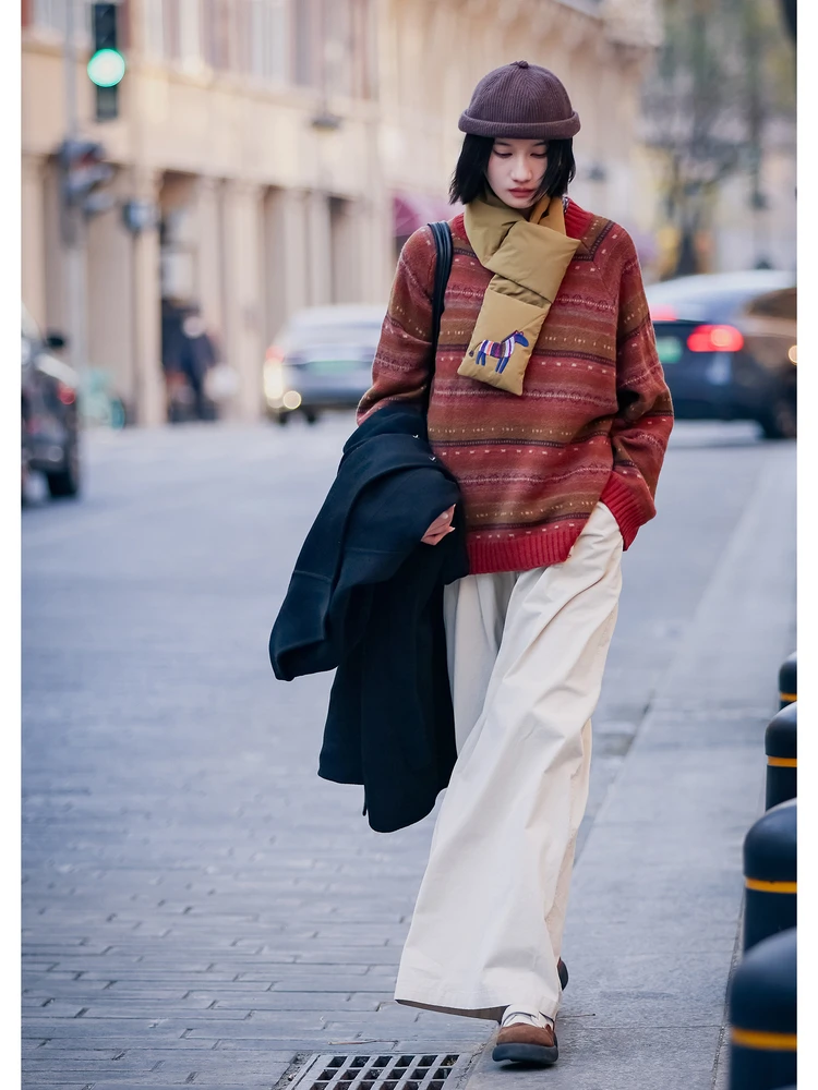 

Теплый утолщенный пушистый свитер Neline с длинными рукавами, круглым воротником, в полоску, для повседневной носки, 100% шерсть, универсальный (мужской/женский)