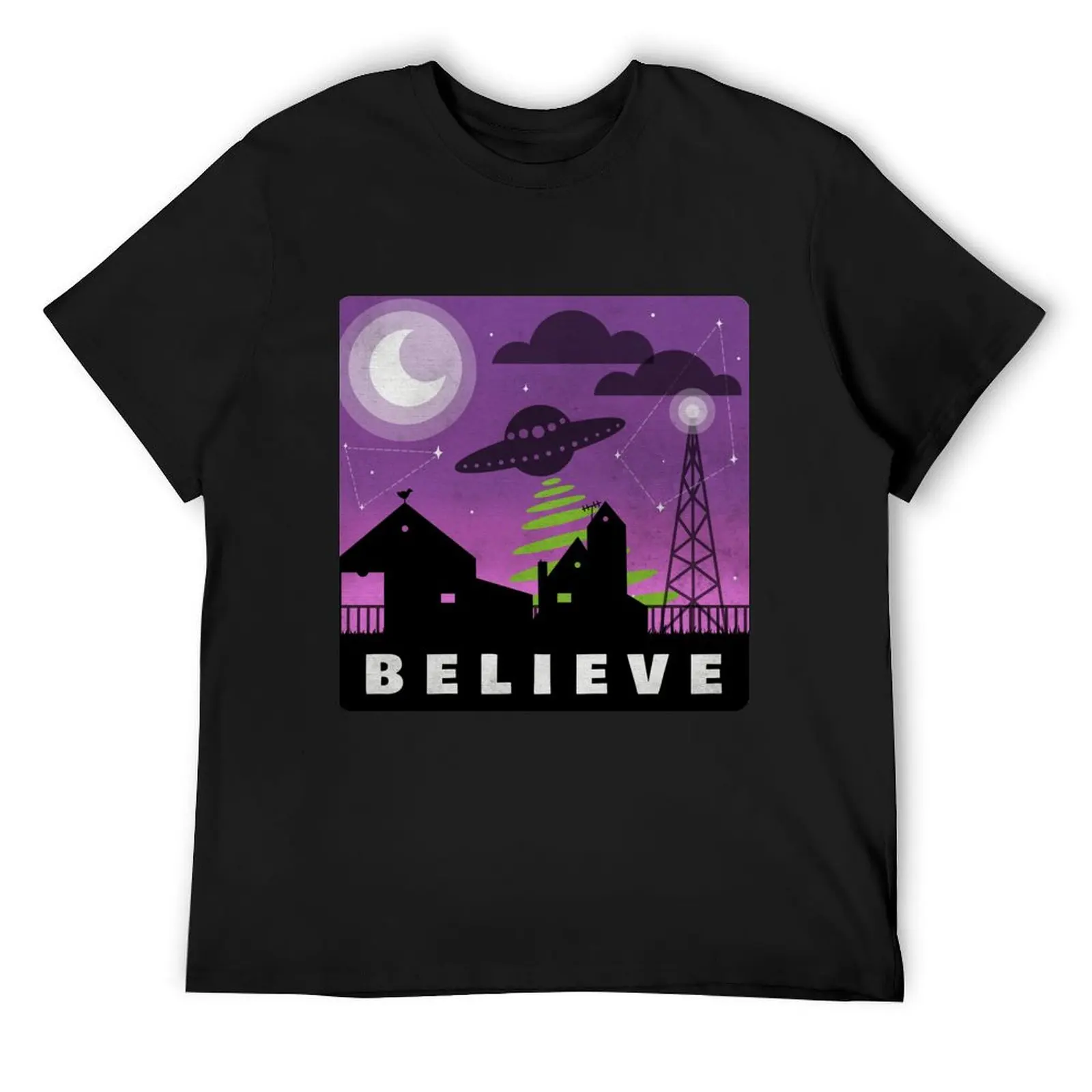 Футболка «Верьте в инопланетяне деревне» с ночным пейзажем, одежда больших размеров, уличная одежда, толстовки, мужские Футболка «Верьте в инопланетяне деревне» с ночным пейзажем, одежда больших размеров, уличная одежда, толстовки, мужские