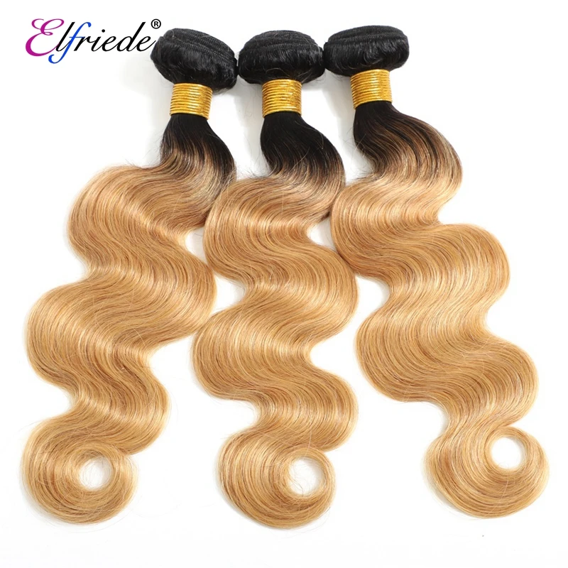 ElfriEZE-Honey Blonde Body Wave Ombre Color Hair Bundles com Encerramento, Cabelo Humano Tece, 3 Pacotes com Encerramento de Renda, T1B/27, 4x4