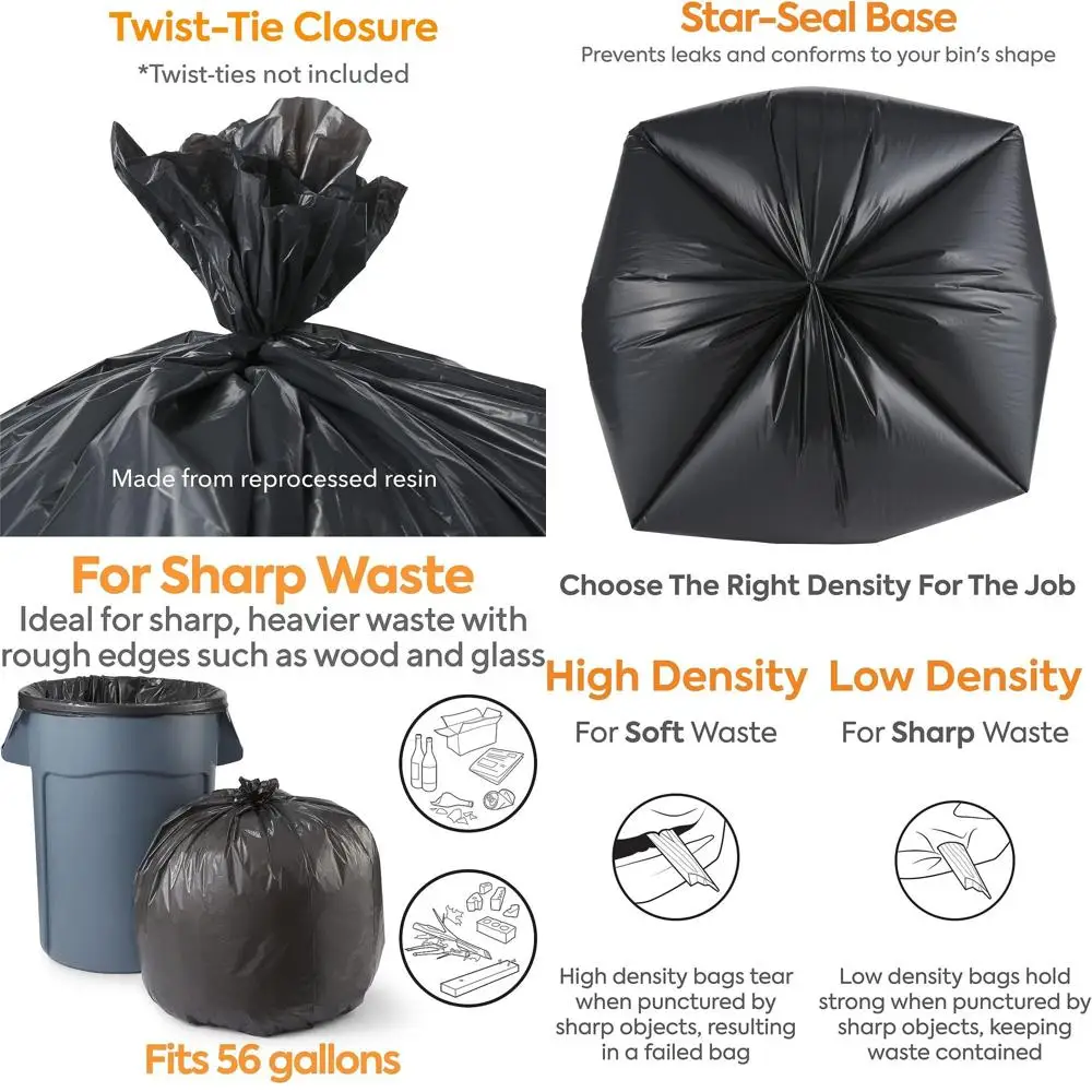 

50-56 Gallon Capacity, 43 x 46, Low Density, 1.5 Mil, Black Trash Bags, 100 Count