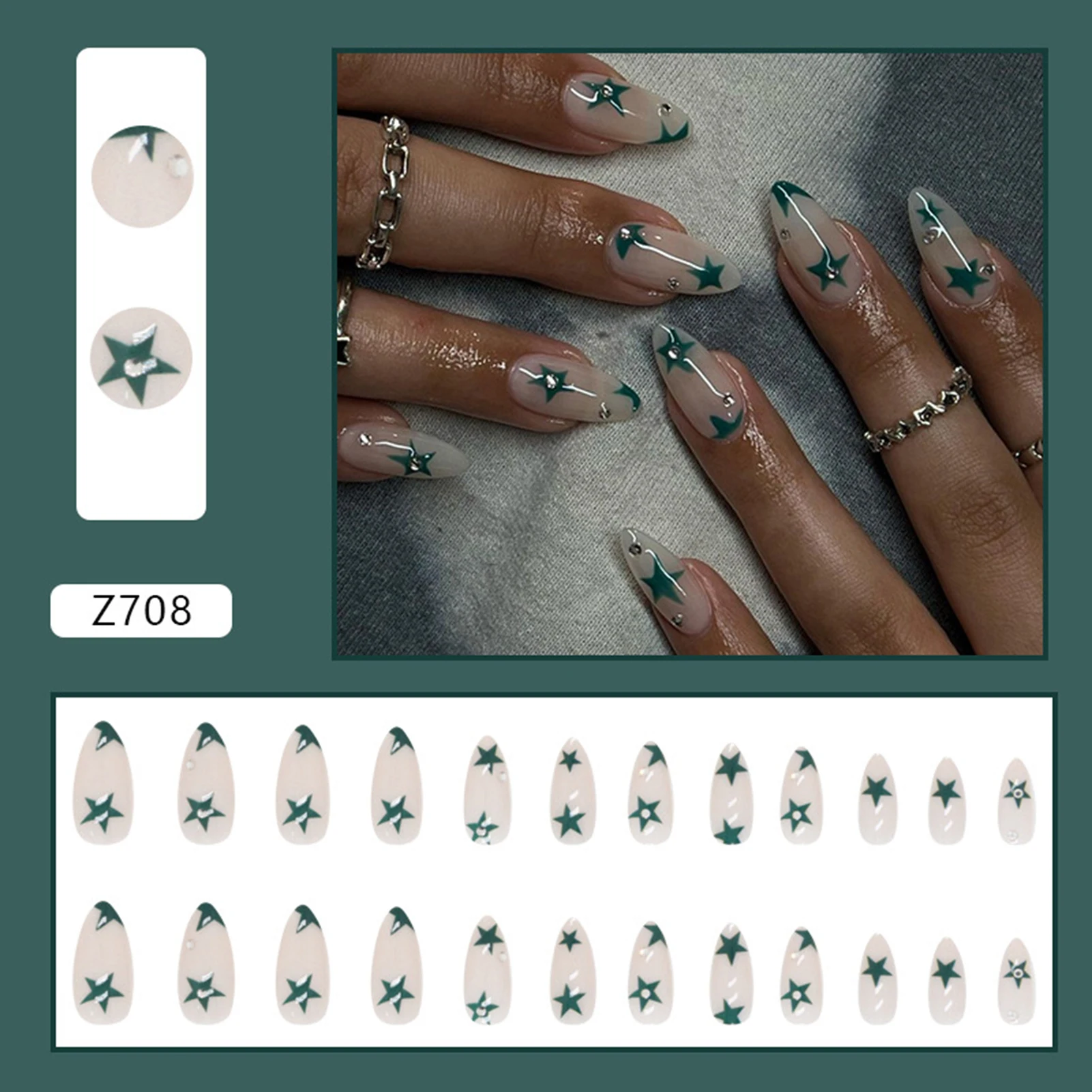 Stars Print Glossy Almond False Nail Easy Removal False Nail with Rhinestones for Women and Girl Party Activity