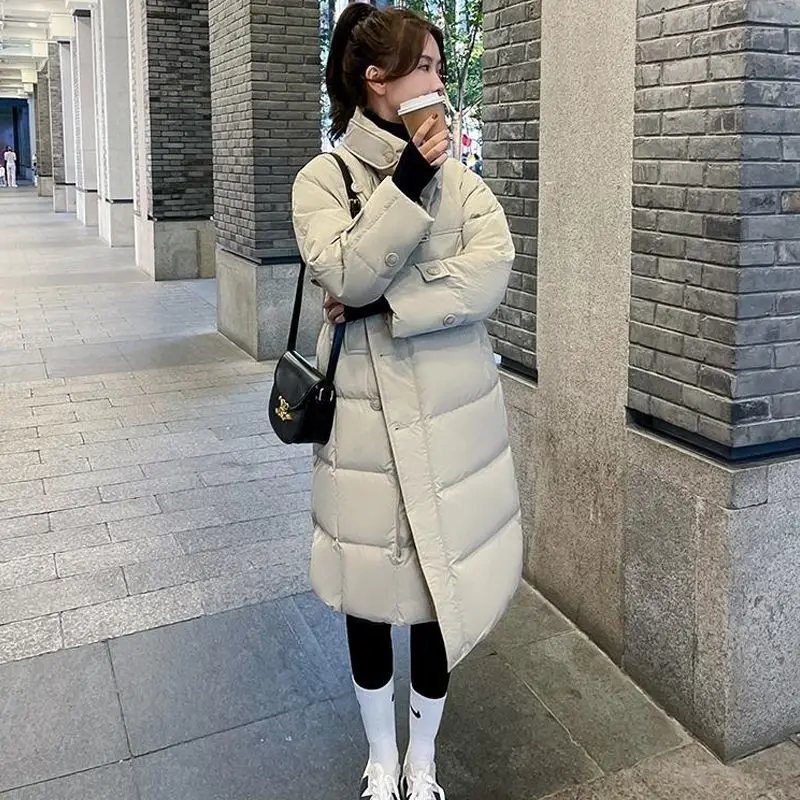 2024 Winter Long Jacket For Women Streetwear Loose Waist Hooded Padded Warm Parkas Coat Solid Knee Length Cotton Jackets LX461