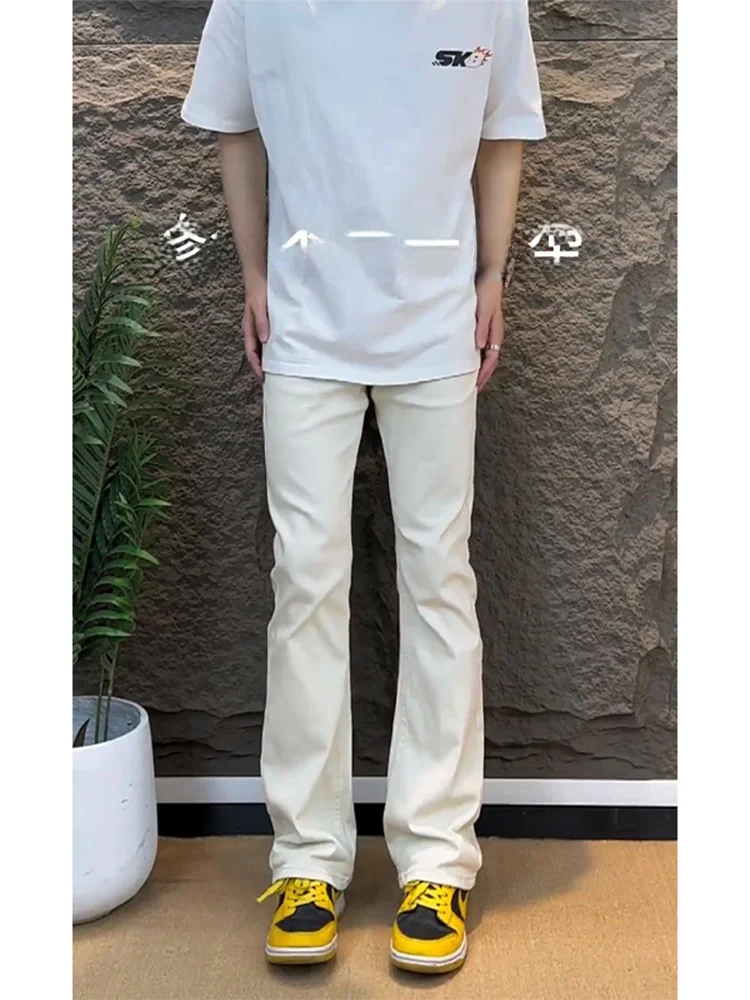 

White Elastic Soft Jeans Men Summer Thin American Micro Flared Pants Slimming Cleanfit Knife Straight Leg Jeans Cotton Blend
