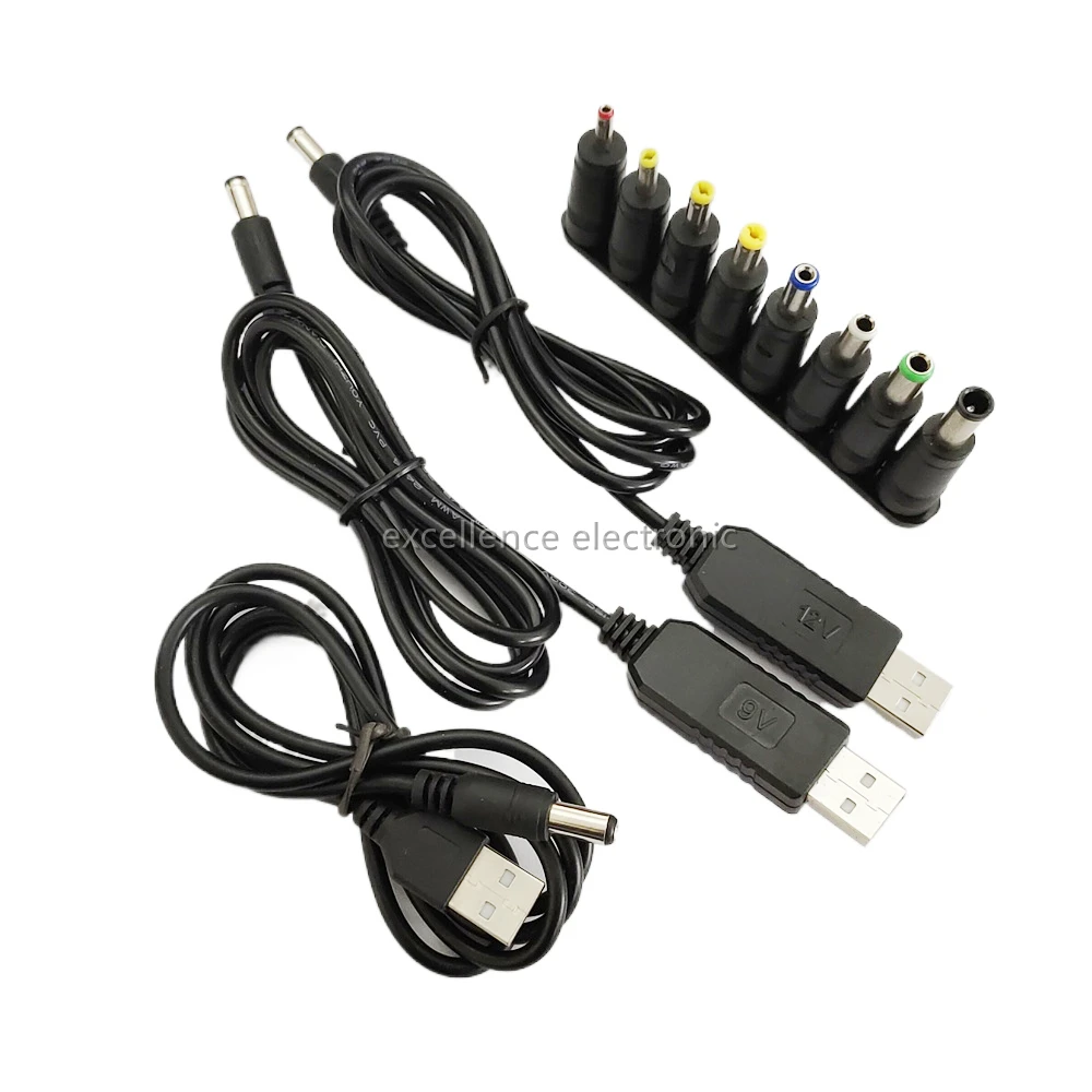 5.5*2.1mm 5V 9V 12V USB Cable Boost Converter Step-up Cord 8PCS Connectors Cable for Wifi 12V Router Modem Fan Powerbank