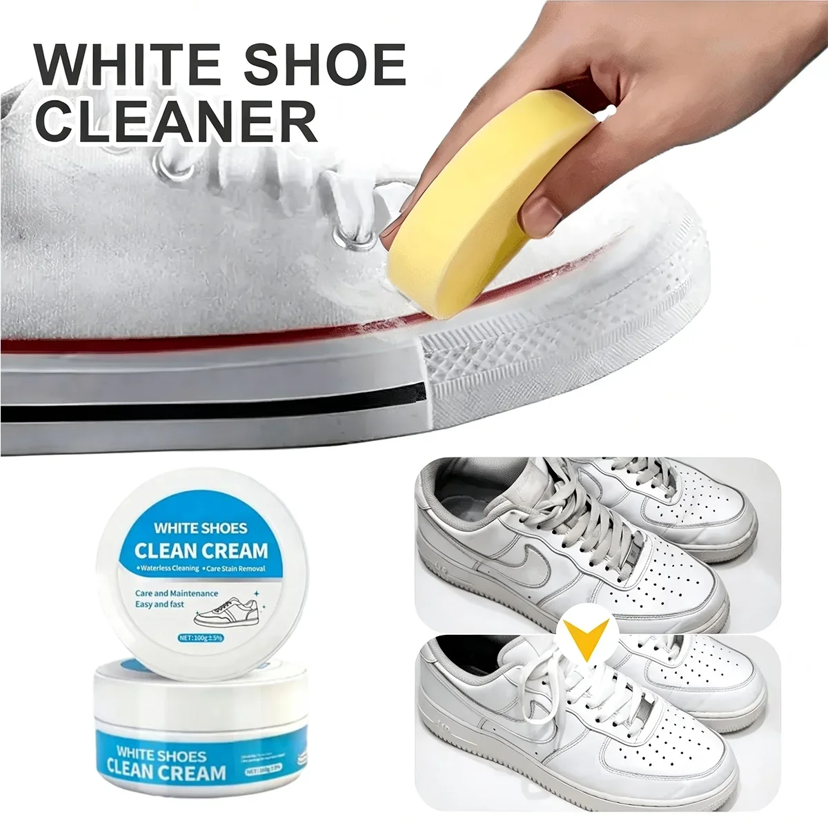 White Shoe Cleaner Paste, Whitening Sneaker Cleaner & Stain Remover, Waterless No Wash Shoe Cleaning Cream With Sponge Applicator, Multi Purpose Deep Cleaning For White Sneakers, Leather Shoes, Canvas Shoes, Soles, Bags & Car Interiors