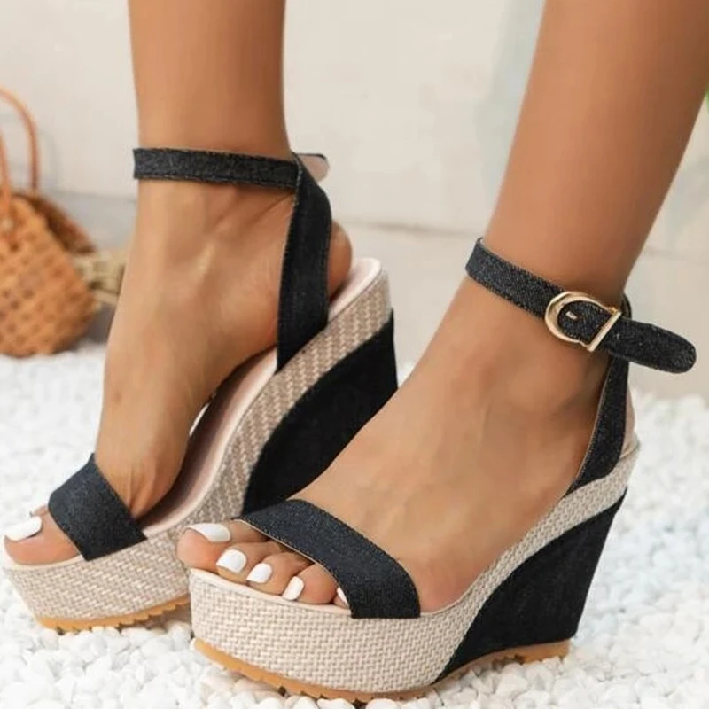 New Buckle Decor Denim Ankle Strap Wedge Sandals Summer Outdoor platform Slides 2023 Thick Bottom Ladies Shoes Female Sandals