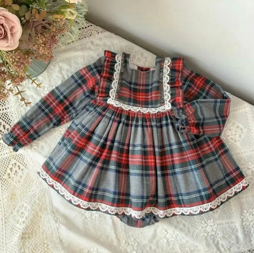 

0-8Y Baby Girl Autumn Winter Red Plaid Vintage Grey Dress for Birthday Photography Holiday Eid Christmas C335