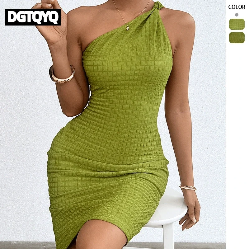 2026 Summer New Style Sleeveless Halterneck Strappy Hip Short Skirt Sexy Suspender One Step Skirt Green Diagonal Collar Dresses