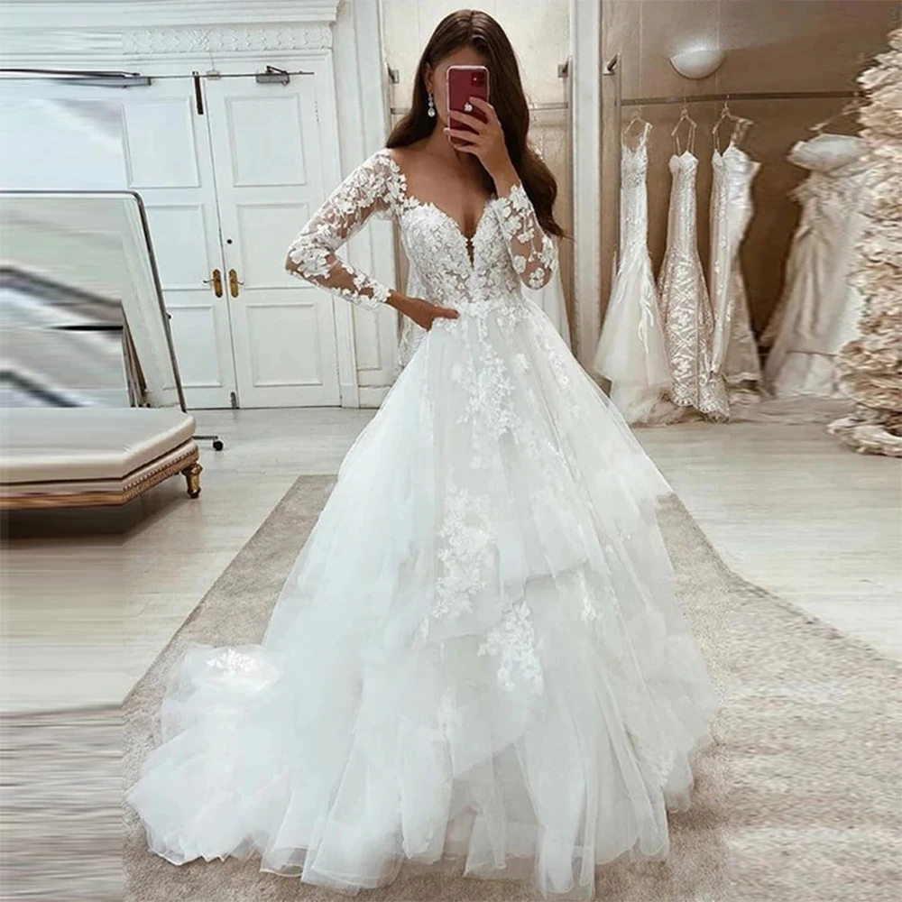 2023 Bohemian Wedding Dresses Ivory Lace Decal A-Line Long Sleeve Bridal Gowns Women's Sexy V-neck Beach Mariage Party Robe Gala