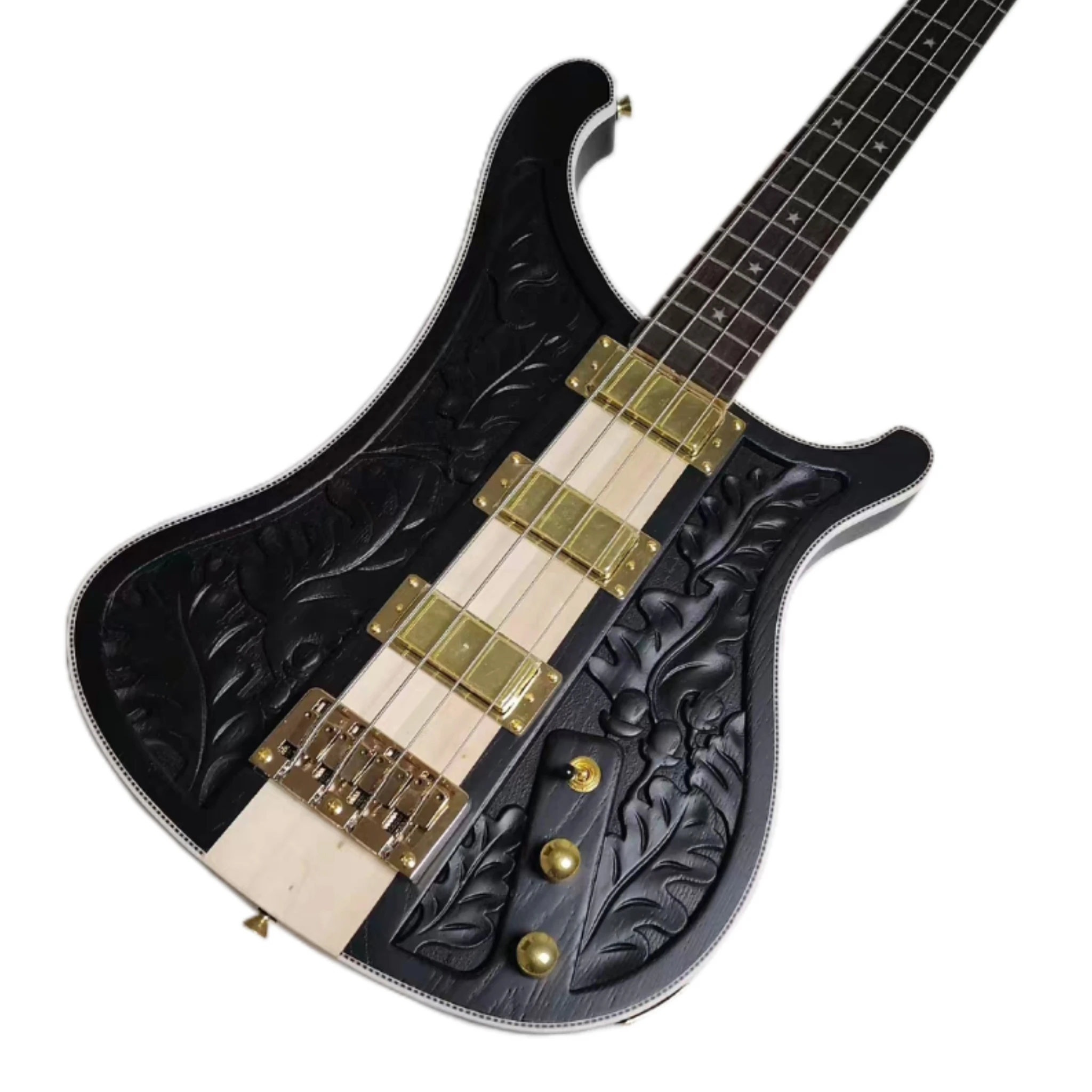 High quality black four-string bass with hand-carved pattern